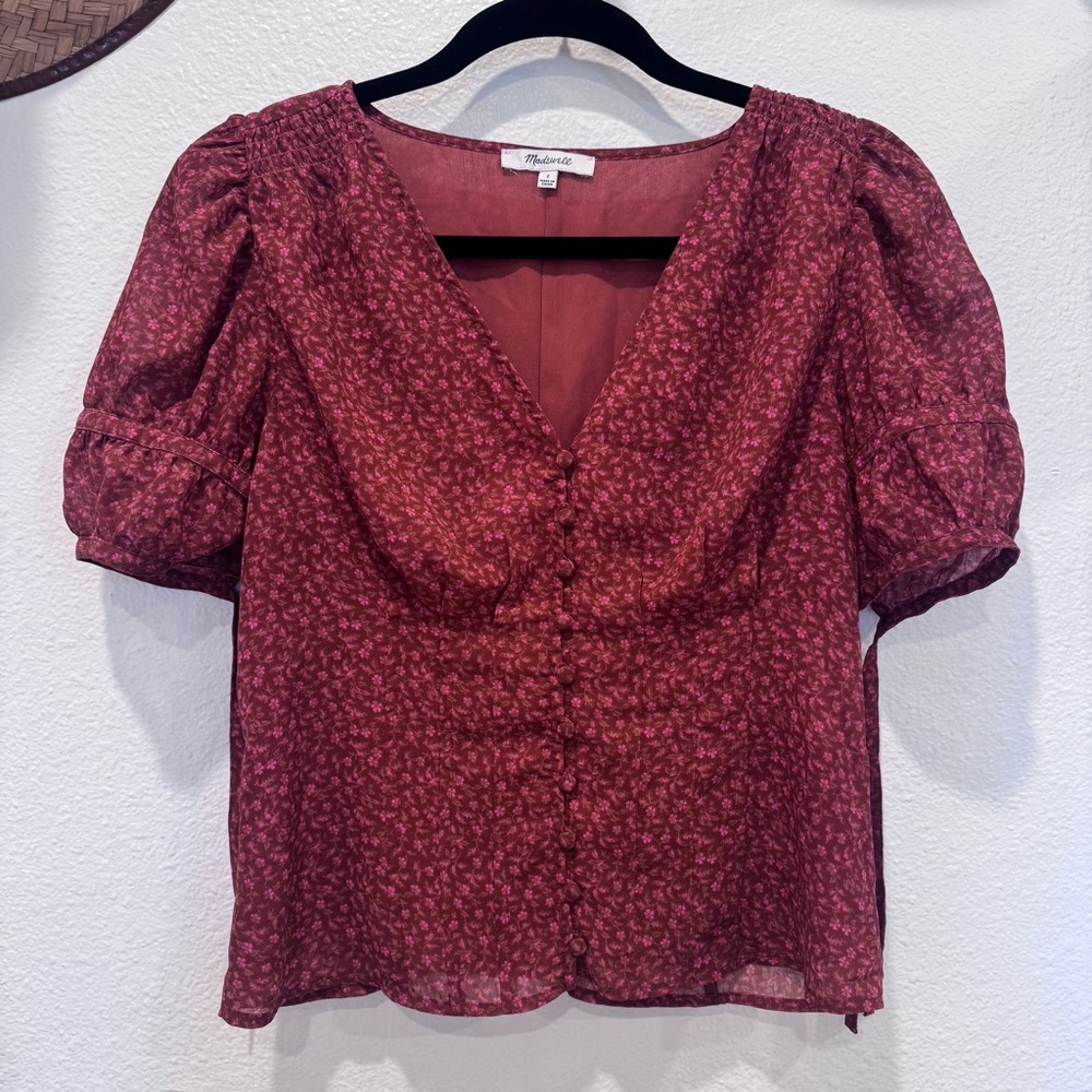 Madewell Burnt Orange Floral V-Neck Puff Sleeve Milkmaid Top Cottagecore